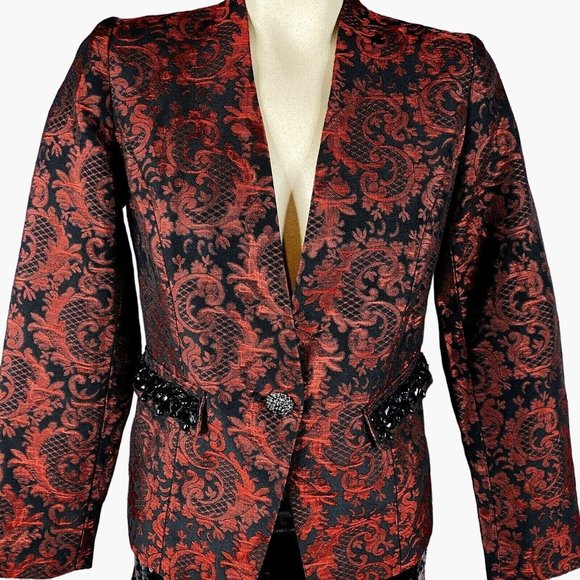 Chico's 00 Renaissance Paisley Red Black Beaded Pockets Jacket XS/ 2